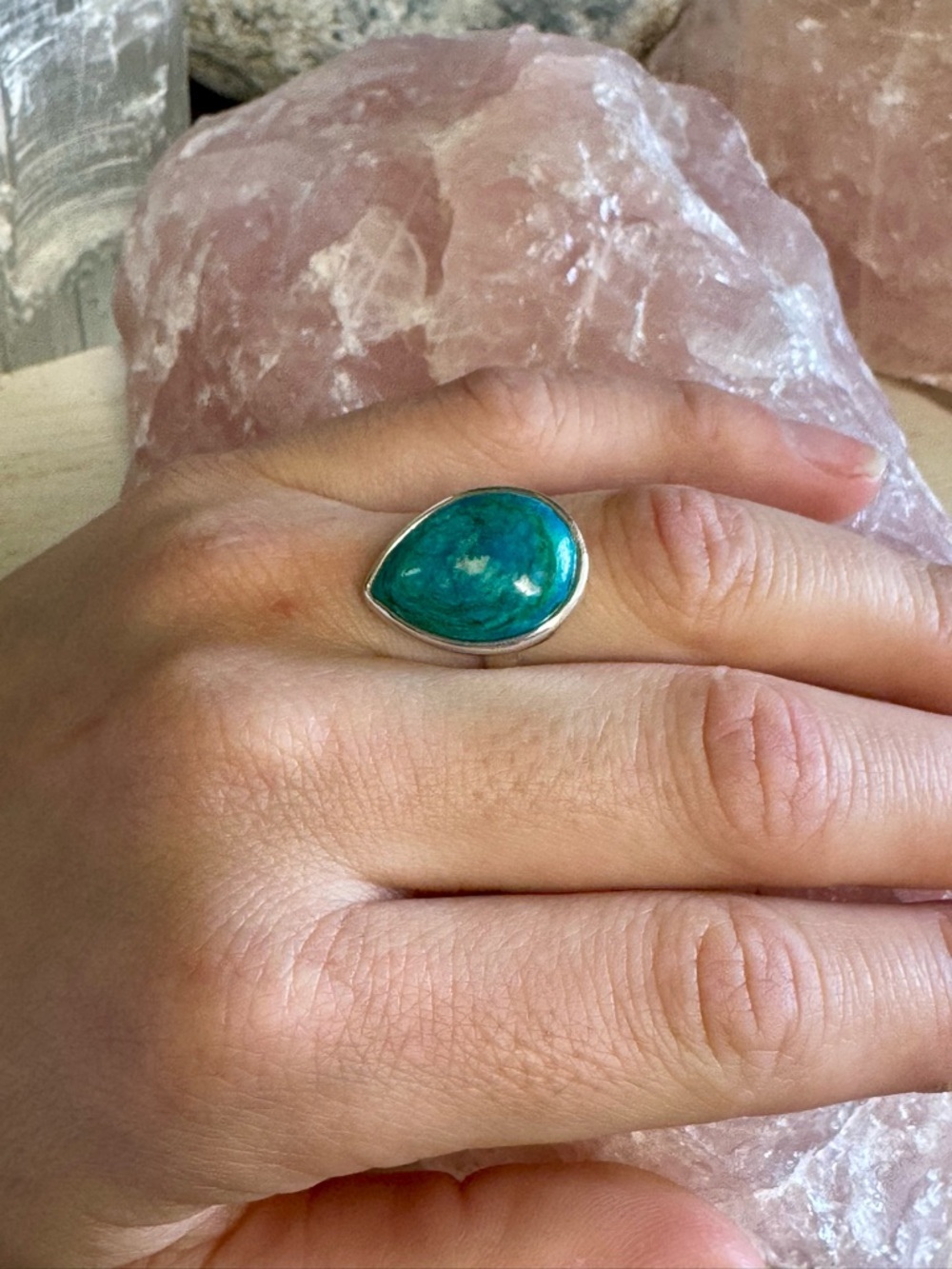 Chrysocolla Sterling Silver Teardrop Gemstone Ring - Size 6.5